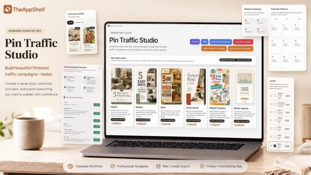 Pin Traffic Studio Windows desktop app mockup showing Pinterest template gallery