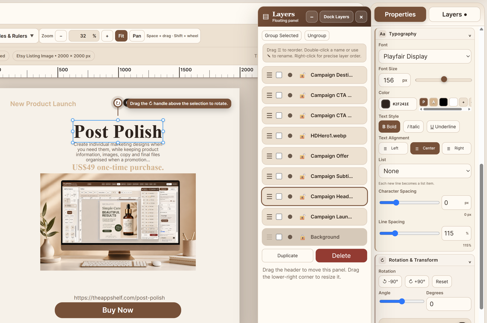 Close-up of Post Polish Editor controls and Properties panel