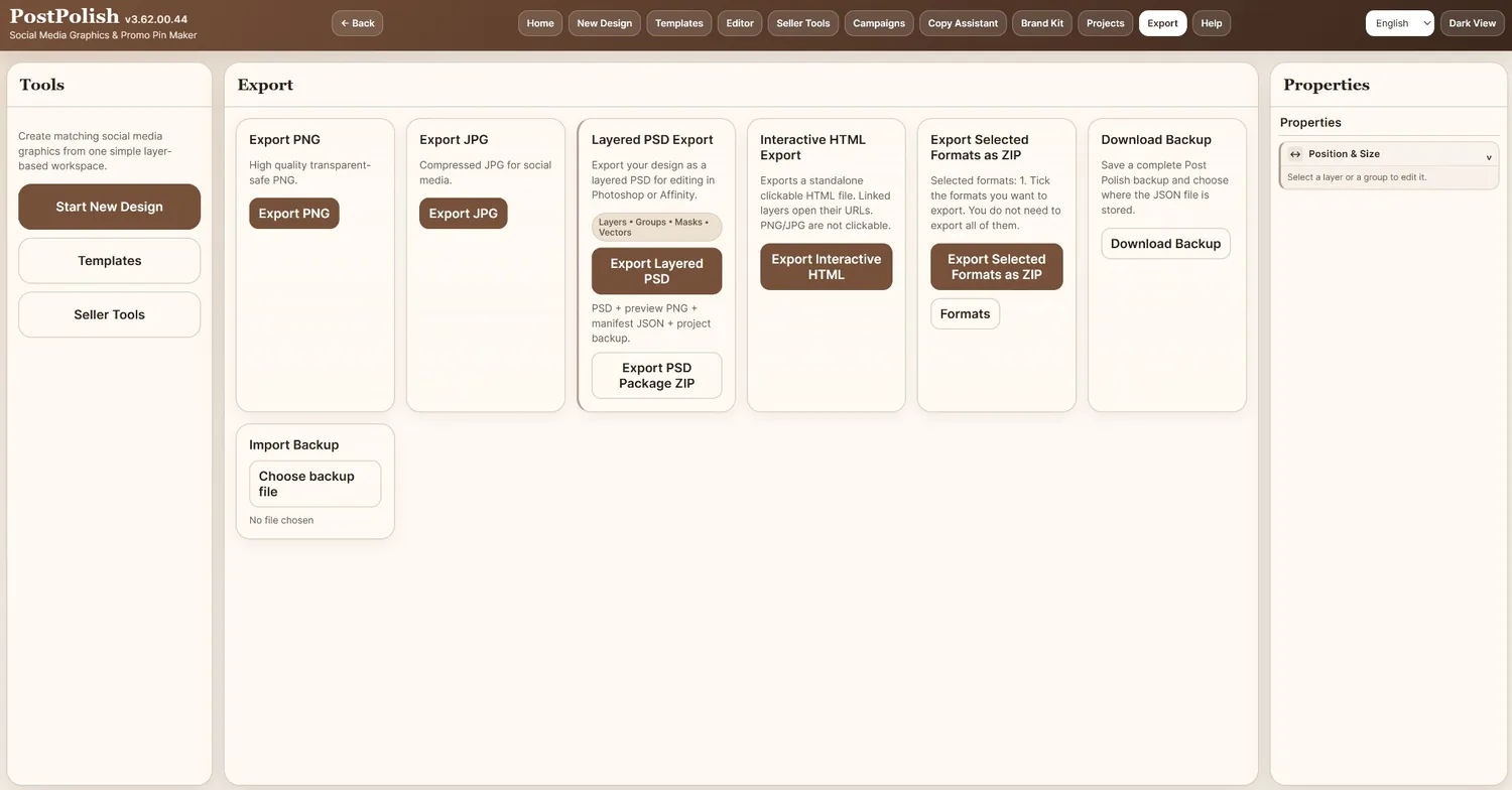 Post Polish Export screen